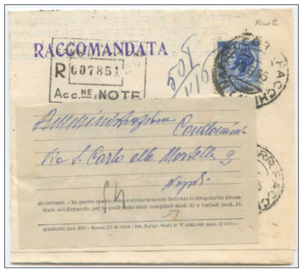 1955 SIRACUSANA L. 60 RUOTA ISOLATO SU RACCOMANDATA 8.6.55 RESTITUZIONE TIMBRO ARRIVO E OTTIMA QUALITÀ (6886) - 1946-60: Storia Postale