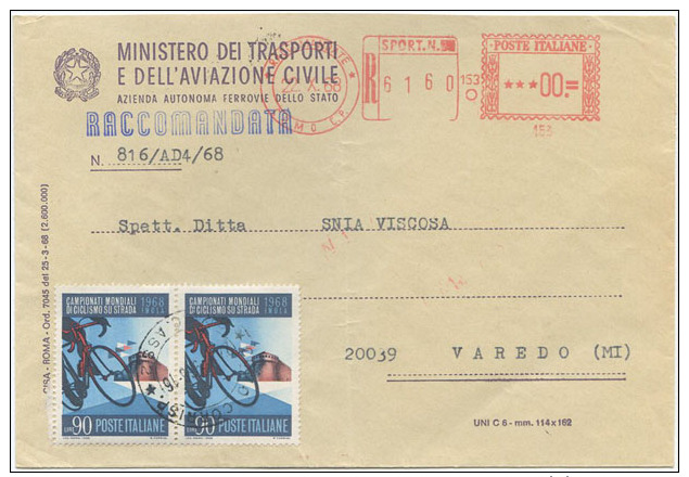 1968 CICLISMO L. 90 COPPIA BUSTA RACCOMANDATA 22.10.68 SPLENDIDA QUALITÀ (6871) - 1961-70: Storia Postale