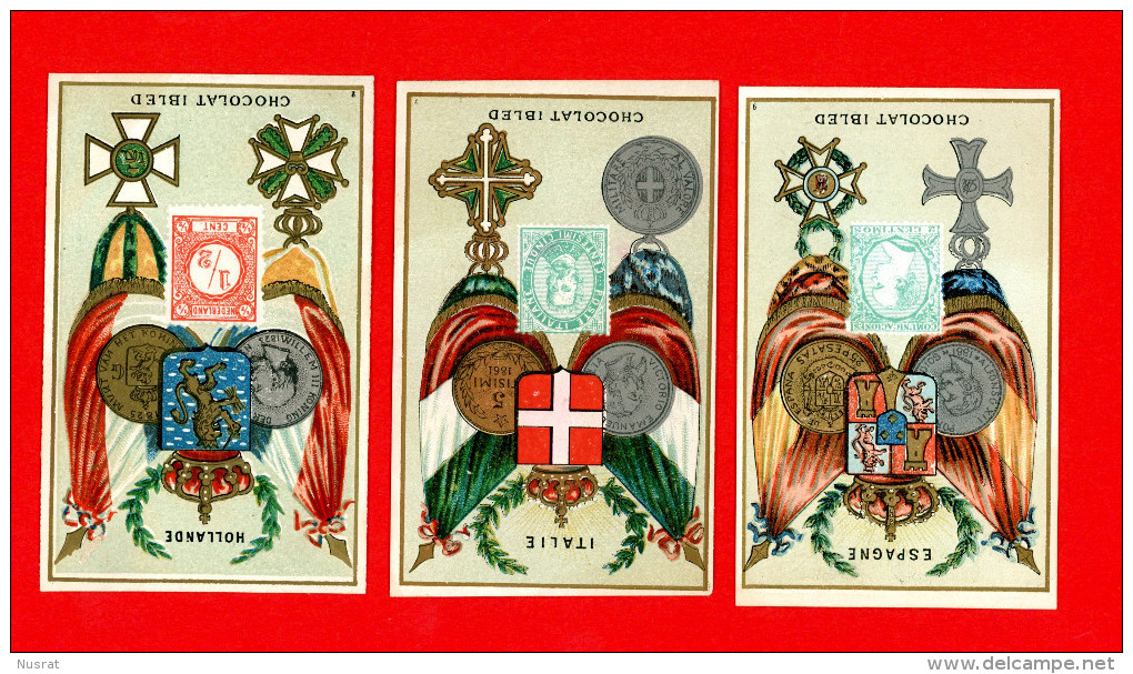 Chocolat Ibled, Lot De 3 Chromos Thème Pays, Drapeaux, Blason, Flags, Coat Of Arms, Espagne, Italie, Hollande - Ibled