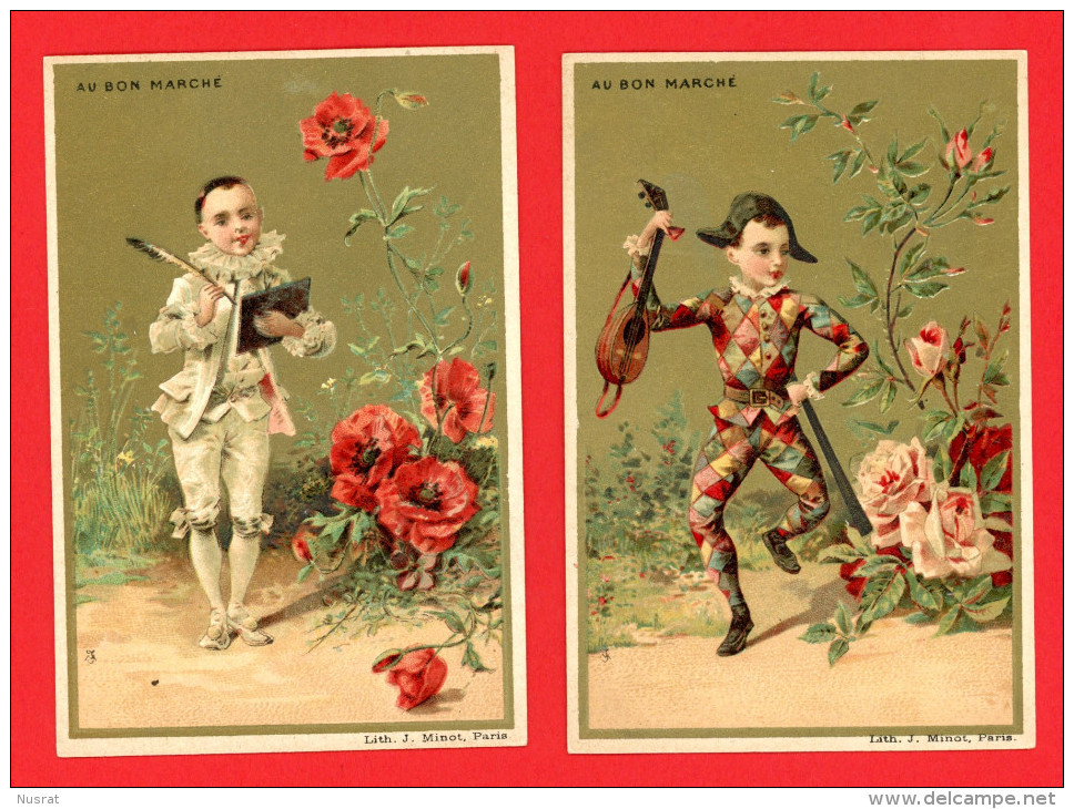 Au Bon Marché, Lot De 2 Chromos Lith. J. Minot MI-68, Pierrot, Arlequin & Fleurs, Coquelicot & Roses - Au Bon Marché