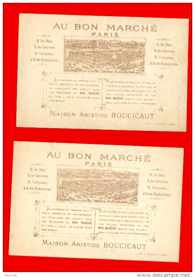 Au Bon Marché, Lot De 2 Chromos Lith. J. Minot MI-68, Pierrot, Arlequin & Fleurs, Coquelicot & Roses - Au Bon Marché