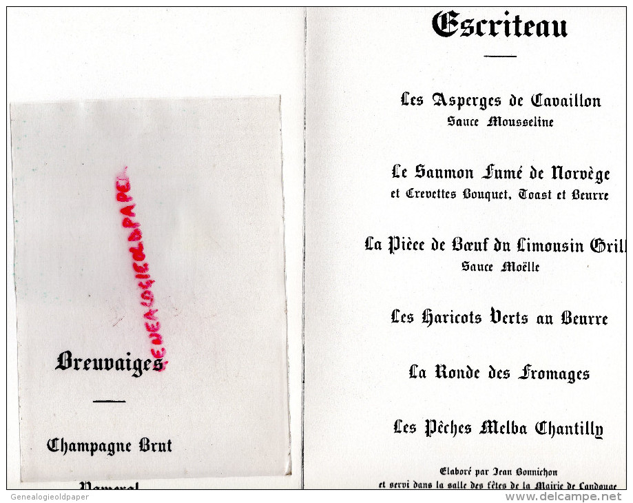 87 -LANDOUGE  LIMOGES - MENU ORDRE DES ANYSETIERS DU ROY-COMMANDERIE-LIMOUSIN-MARCHE-PERIGORD-1968-  -BONNICHON - Menükarten