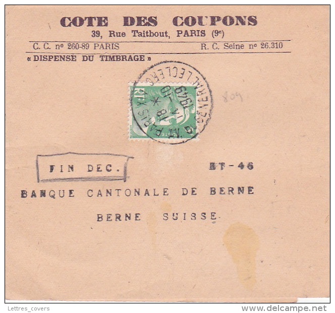 GANDON N°809 5f Obl PARIS XIV SEUL SUR BANDE D'IMPRIMÉ ETRANGER &gt; Berne Suisse - BON TARIF - UPU - 1921-1960: Moderne