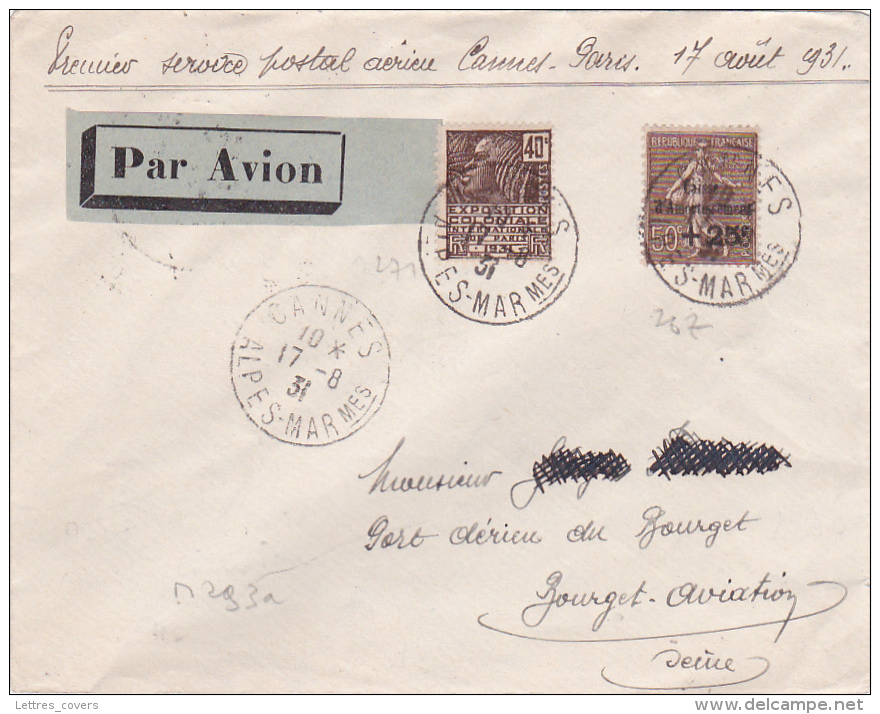 SEMEUSE 50c+25c N°267 + 271 Sur Lettre AVION - PREMIER VOL CANNES PARIS - MULLER 293A - 1960-.... Lettres & Documents