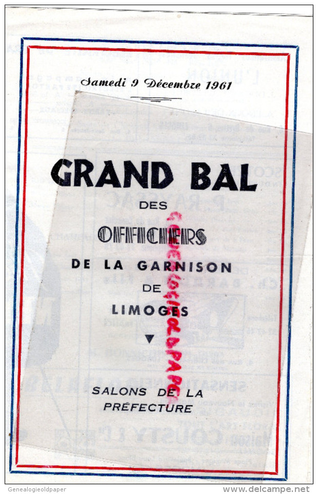 87 - LIMOGES - MENU GRAND BAL OFFICIERS GARNISON -SALONS PREFECTURE-1961-TRAITEUR BONNICHON-GUERRE MILITAIRE - Menus