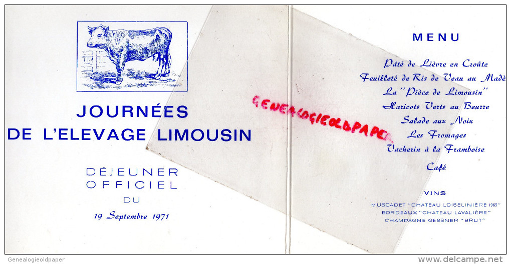 87 - LIMOGES - MENU ELEVAGE LIMOUSIN-1971-TAVERNE LION OR-  THEOJAC IRIS PANAZOL -BONNICHON- - Menükarten