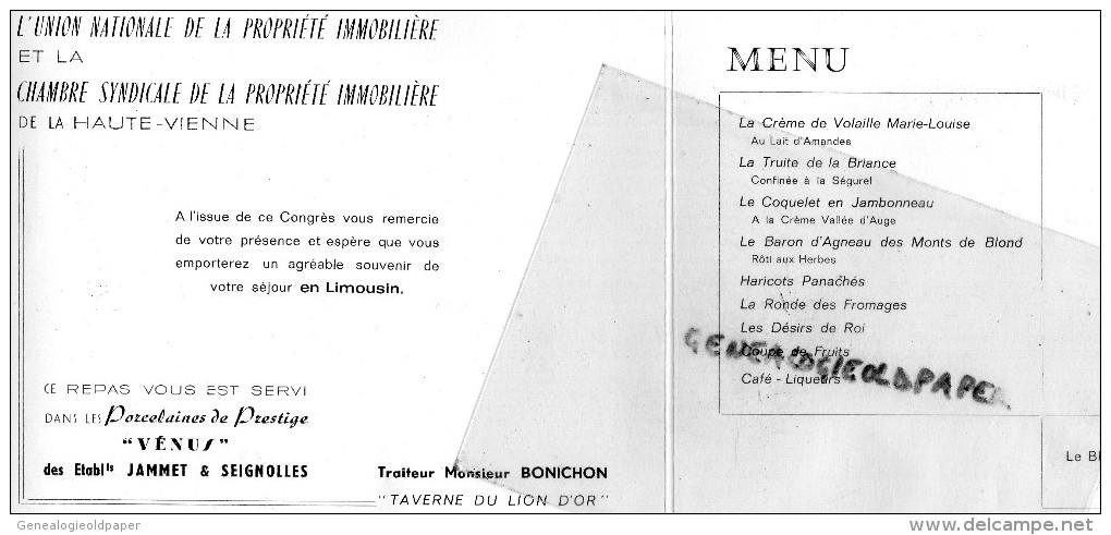 87 - LIMOGES - MENU CHAMBRE SYNDICALE IMMOBILIERE- ETS JAMMET SEIGNOLLES-1965- UNPJ- THEOJAC IRIS -BONNICHON- - Menus