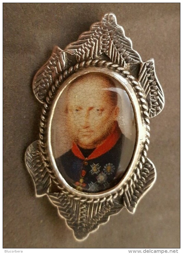 NAPOLI MINIATURA PORTRAIT FRANCESCO I MONTATA SPILLA STERLING 925 - RARISSIMA CM 4,5 - Royaux/De Noblesse