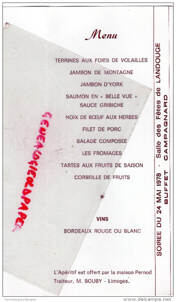 87 - LIMOGES -SALLE DES FETES LANDOUGE- MENU 33 E CONGRES COOP PTT-MAI 1978- TRAITEUR BOUBY - Menükarten