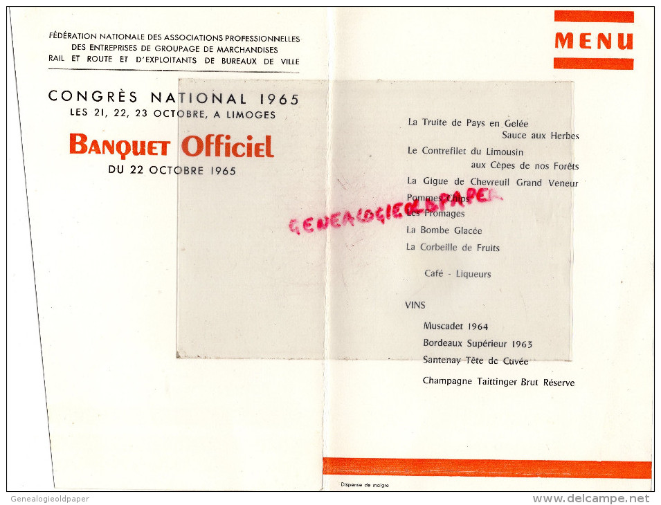 87 - LIMOGES -MENU CONGRES NATIONAL 1965- ENTREPRISE GROUPAGE MARCHANDISES RAIL ET ROUTE-SNCF-BONNICHON TRAITEUR - Menú