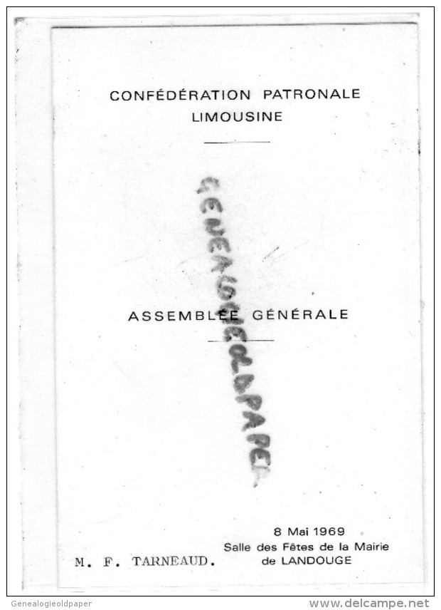 87 - LIMOGES -LANDOUGE SALLE DES FETES-MENU CONFEDERATION PATRONALE LIMOUSINE-1969- TARNEAUD   -BONNICHON TRAITEUR - Menükarten