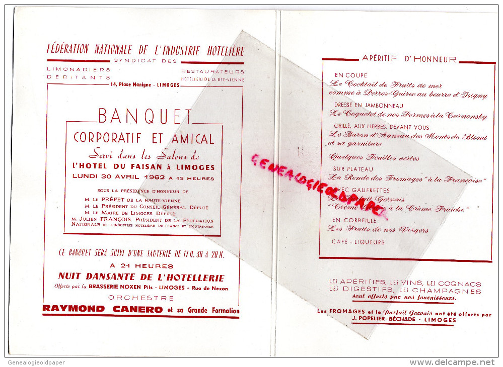 87 - LIMOGES - MENU  FEDERATION INDUSTRIE HOTELIERE-HOTEL DU FAISAN 1962- BONNICHON TRAITEUR- POPELIER BECHADE -THEOJAC - Menükarten