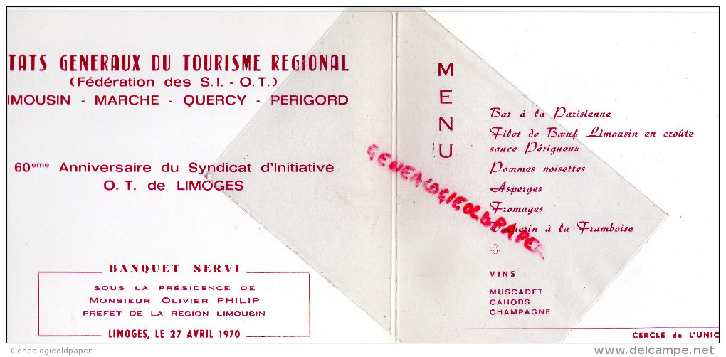 87 - LIMOGES - MENU  ETATS GENERAUX TOURISME LIMOUSIN-SYNDICAT INITIATIVE-1970-- BONNICHON TRAITEUR- CERCLE UNION TURGOT - Menus