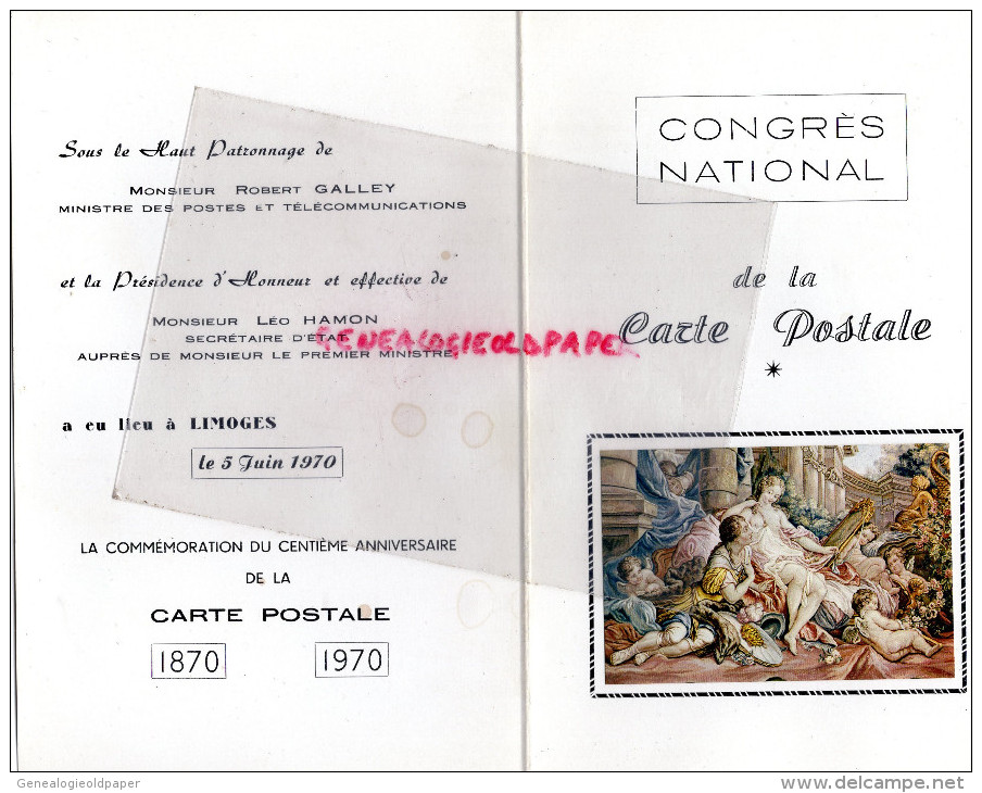 87 - LIMOGES- LANDOUGE-MENU CONGRES NATIONAL CARTE  POSTALE 1870-1970-ROBERT GALLEY ET LEO HAMON- - BONNICHON TRAITEUR- - Menükarten