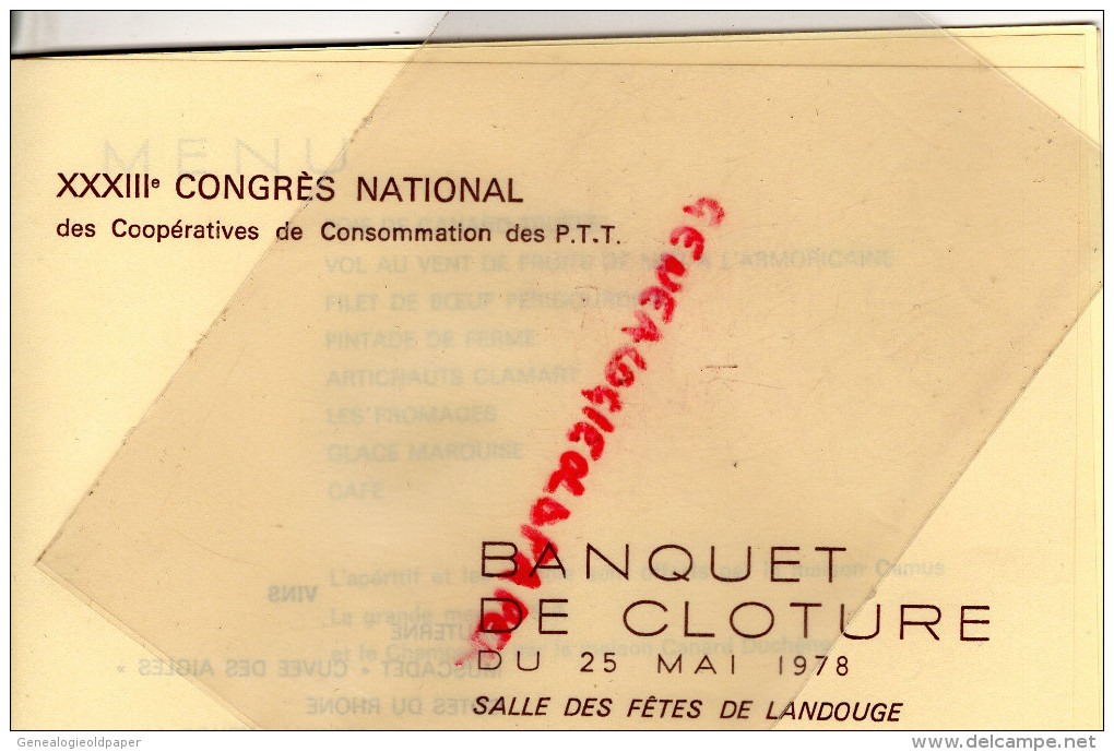 87 - LIMOGES- LANDOUGE-MENU 33E CONGRES NATIONAL PTT -BANQUET CLOTURE 1978- TRAITEUR BOUBY -PONT ST ETIENNE CHANTERAUD - Programme