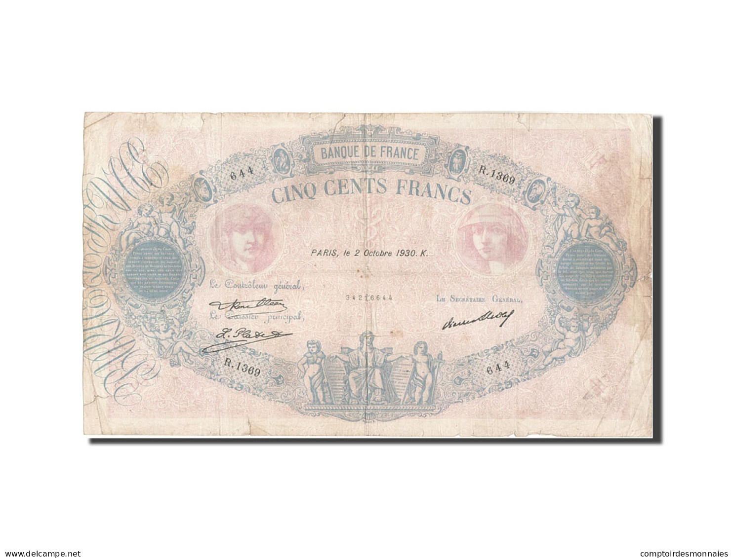 Billet, France, 500 Francs, 500 F 1888-1940 ''Bleu Et Rose'', 1930, 1930-10-02 - 500 F 1888-1940 ''Bleu Et Rose''