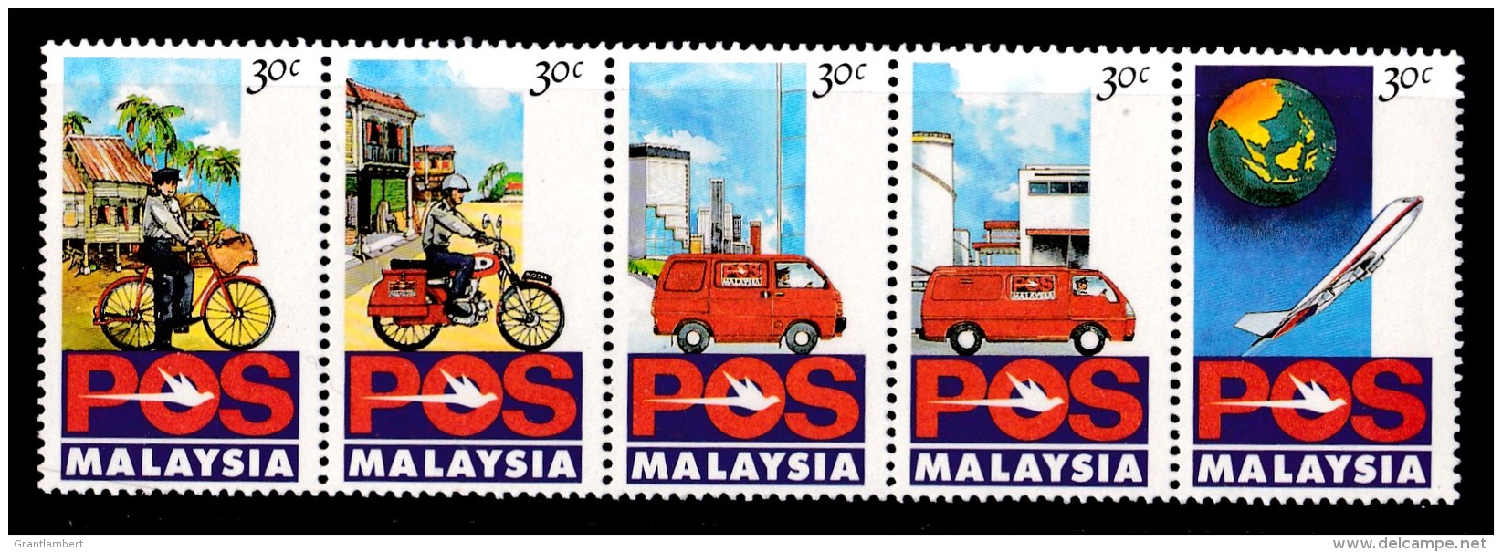 Malaysia 1992 Postal Service Strip Of 5 MNH - Bicycle, Motorbike, Van, Plane - Malaysia (1964-...)