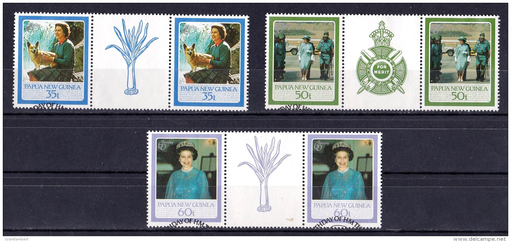 Papua New Guinea 1986 Queen's 60th Birthday 3 Gutter Pairs Used - Papua New Guinea