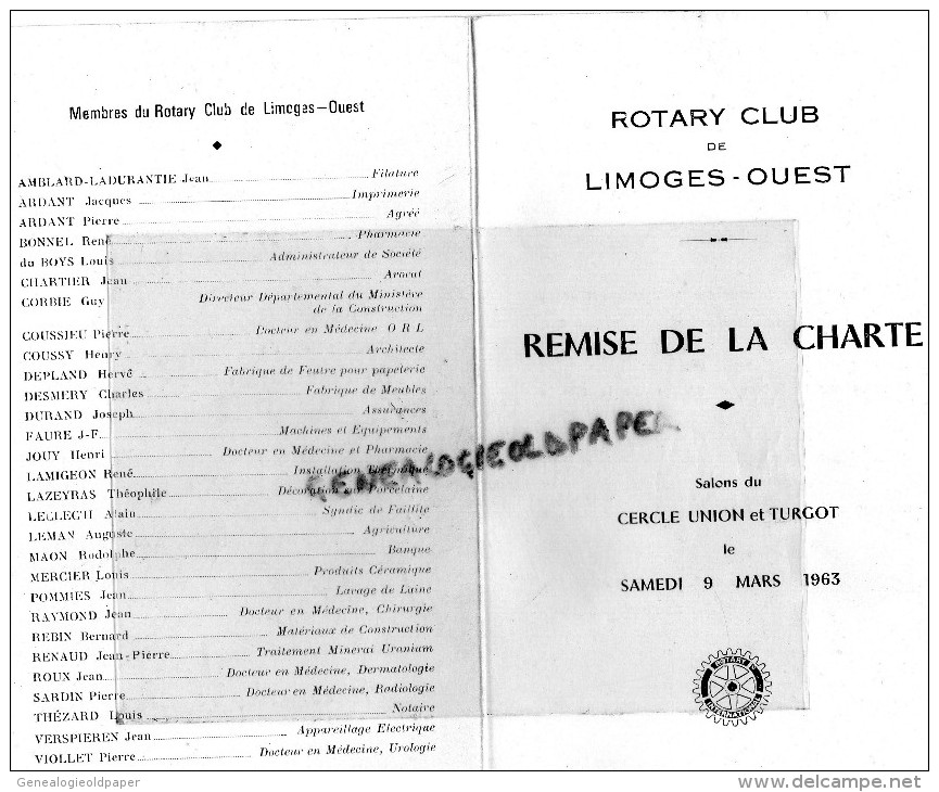 87 - LIMOGES - MENU ROTARY CLUB -REMISE CHARTE -CERCLE UNION TURGOT 1963- TRAITEUR BONNICHON TAVERNE LION D' OR - - Menus