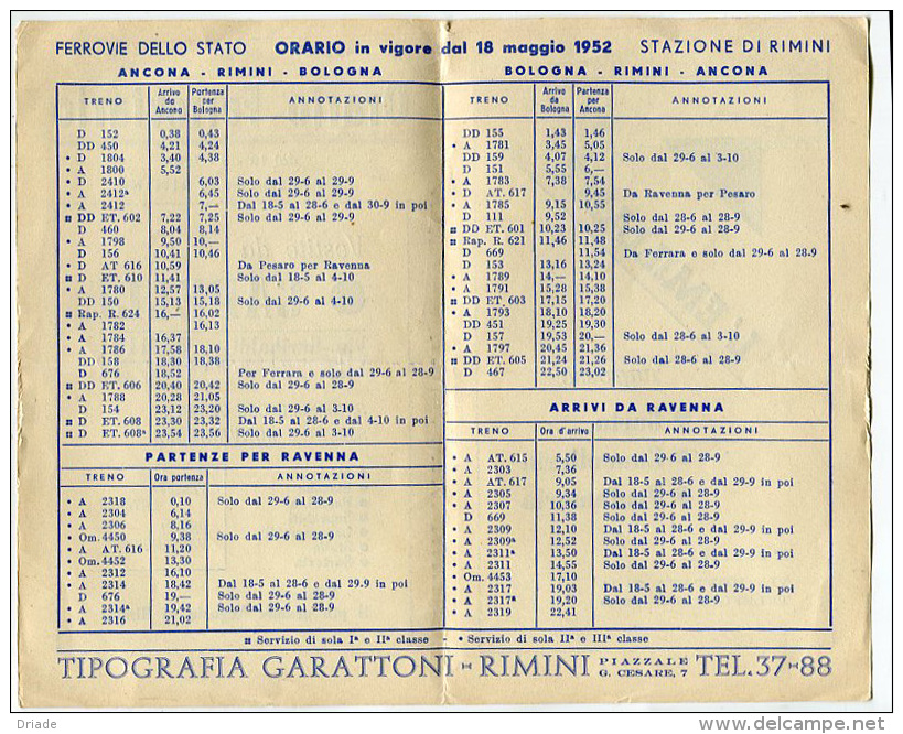 ORARIO STAZIONE FERROVIARIA RIMINI ANNO 1952 - Europe