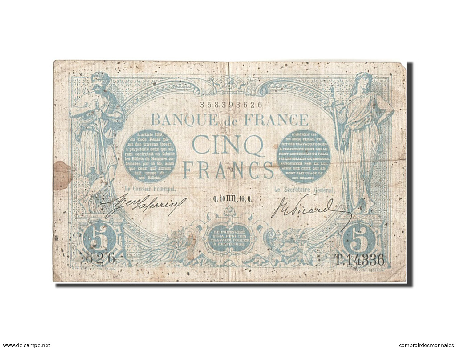Billet, France, 5 Francs, 5 F 1912-1917 ''Bleu'', 1916, 1916-10-10, TB - 5 F 1912-1917 ''Bleu''