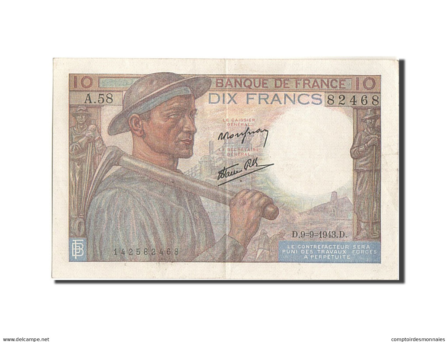 Billet, France, 10 Francs, 10 F 1941-1949 ''Mineur'', 1943, 1943-09-09, TTB+ - 10 F 1941-1949 ''Mineur''