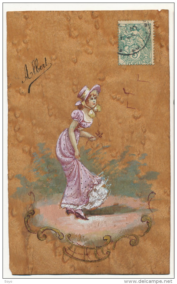 Carte En Bois Peint Belle Femme Art Nouveau Art Card Wooden Hand Painted Card - Autres & Non Classés