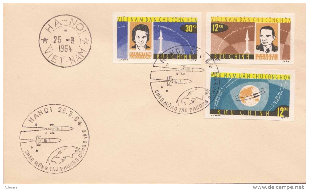 VIETNAM 1964, 3 Fach Sondermarken Raumfahrt Frankierung Auf Brief, 3 Sonderstempel HANOI-VIETNAM - Vietnam