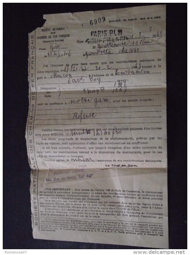 PARIS P.L.M. - Courrier De REFUS De RETRAIT De COLIS - 1er Mars 1943 - Expéditeur à MACON - Chemin De Fer - A Voir ! - Eisenbahnverkehr