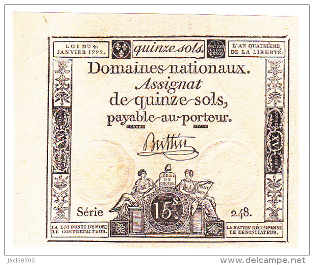FRANCE : ASSIGNAT 15 SOLS Du 4 JANVIER 1792 - NEUF (1 Scan) A - Assignats & Mandats Territoriaux