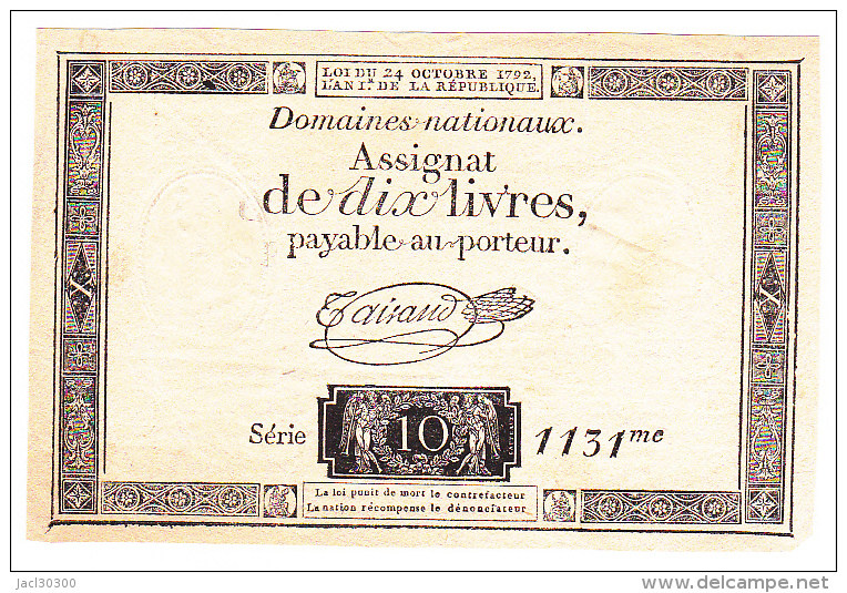 FRANCE : ASSIGNAT 10 LIVRES Du 24 OCTOBRE  1792 FILIGRANE ROYAL (1 Scan) A - Assignats & Mandats Territoriaux