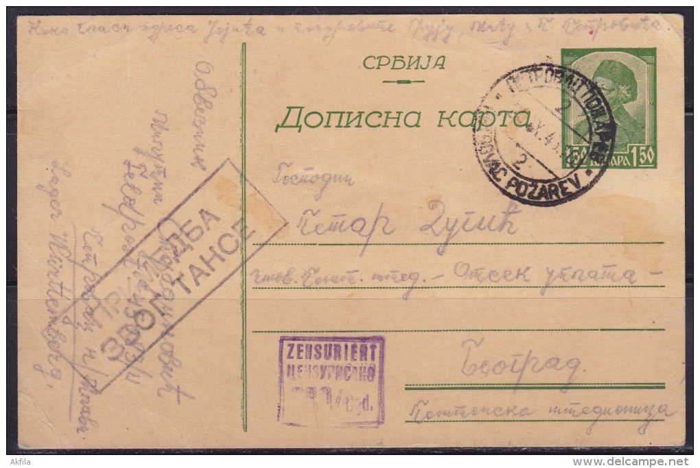 8136. Germany, Occupation Of Serbia 1943 Censored Postal Card From Work Camp Exempt From Fees, "remark Because Of Tax" - Occupation 1938-45