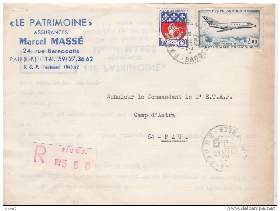 Yvert  1354B + PA 38 Sur Devant Lettre Recommandée Pau RP 25/5/1967 - Lettres & Documents