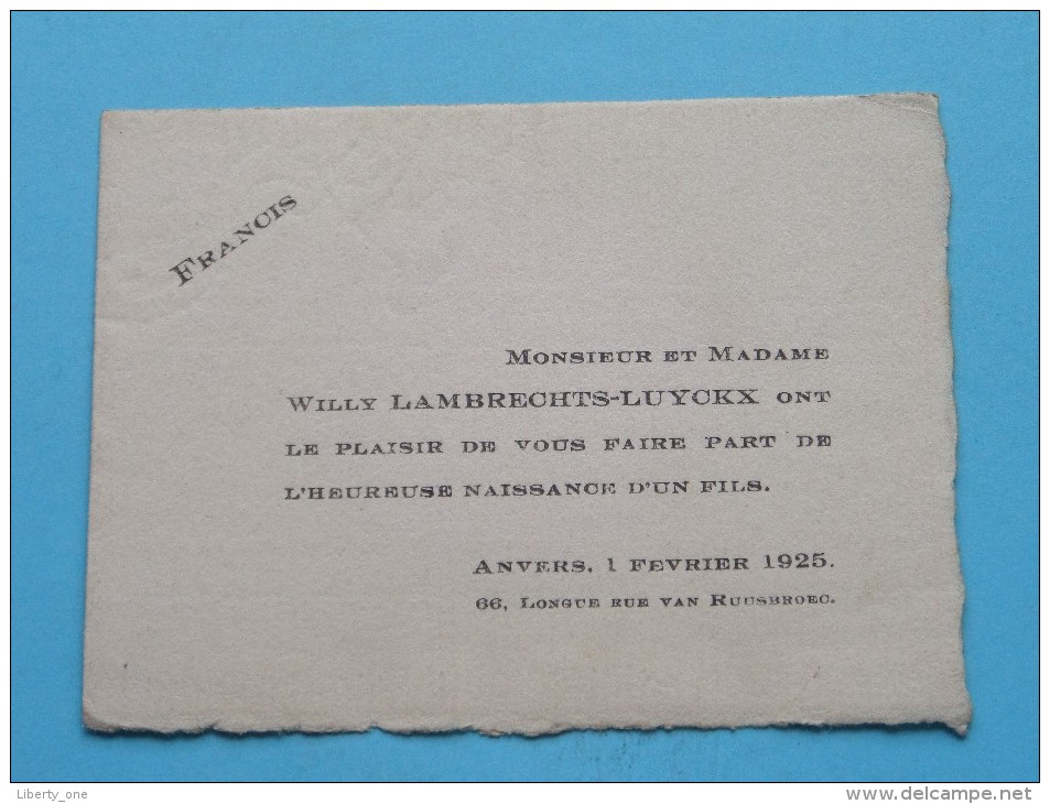 FRANCIS ( Willy Lambrechts - Luyckx ) Longe Rue Van Ruusbroec 66 / Anvers 1 Fevrier 1925 ( Voir Photo Pour Détail ) ! - Birth & Baptism