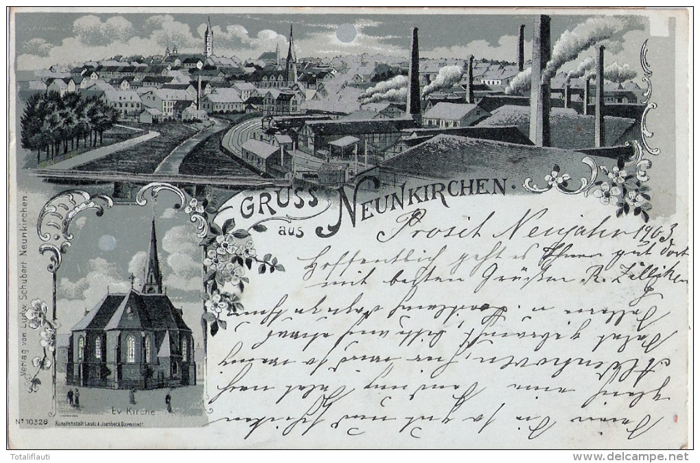 Saar Land Gruss Aus NEUNKIRCHEN Mondschein Silber Litho Industrie Panorama Kirche 29.12.1902 Gelaufen - Kreis Neunkirchen