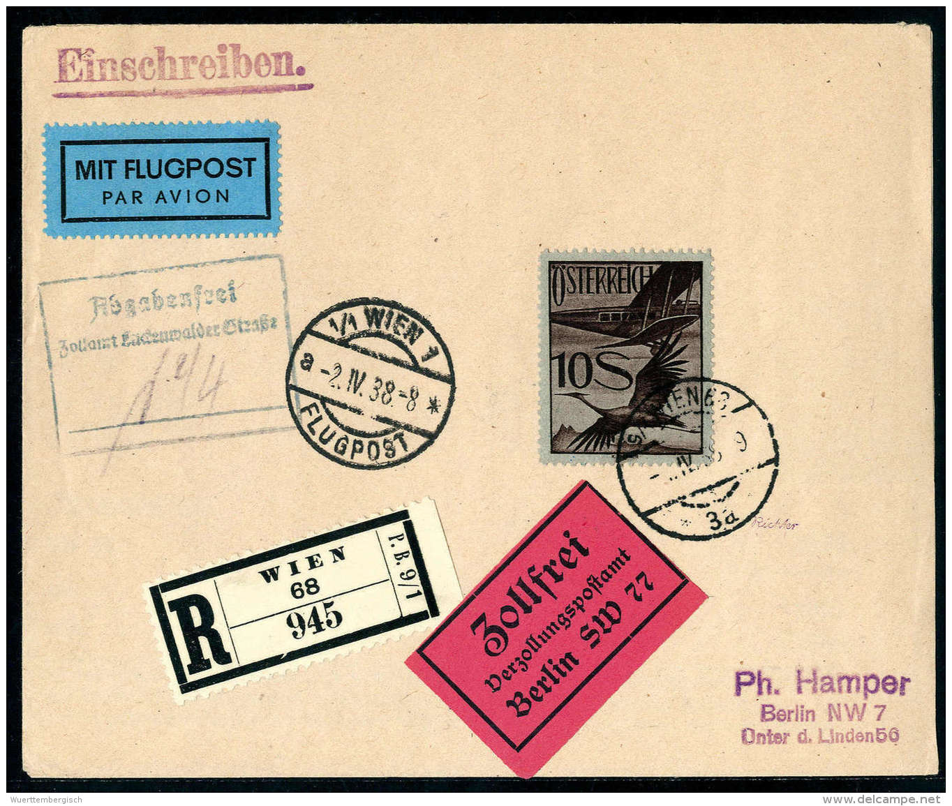 Beleg Flugpost 10s. Kranich Auf R-Flug-Umschlag Von Wien 1938 Nach Berlin.Katalogpreis: 500.- (Michel:... - Otros & Sin Clasificación