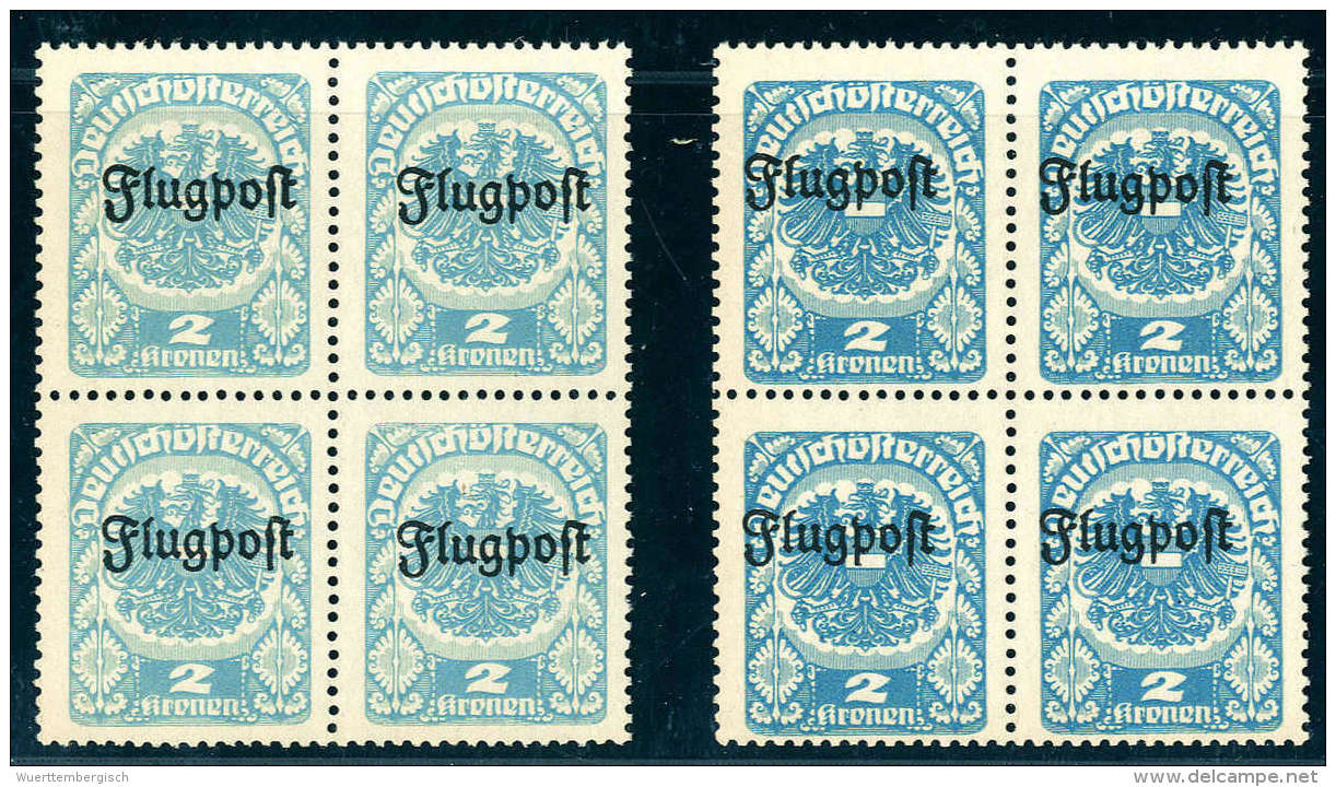 ** 1922, Unverausgabte Flugpost 2 Kr., Zwei Tadellos Postfrische Viererblöcke, In Versch. Nuancen, Sign.... - Other & Unclassified