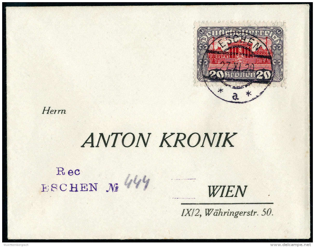 Beleg 1921, Parlament 20 Kr. Auf Chronik-Brief Per Einschreiben Aus Eschen/Liechtenstein (1920) Nach Wien. Attest... - Other & Unclassified