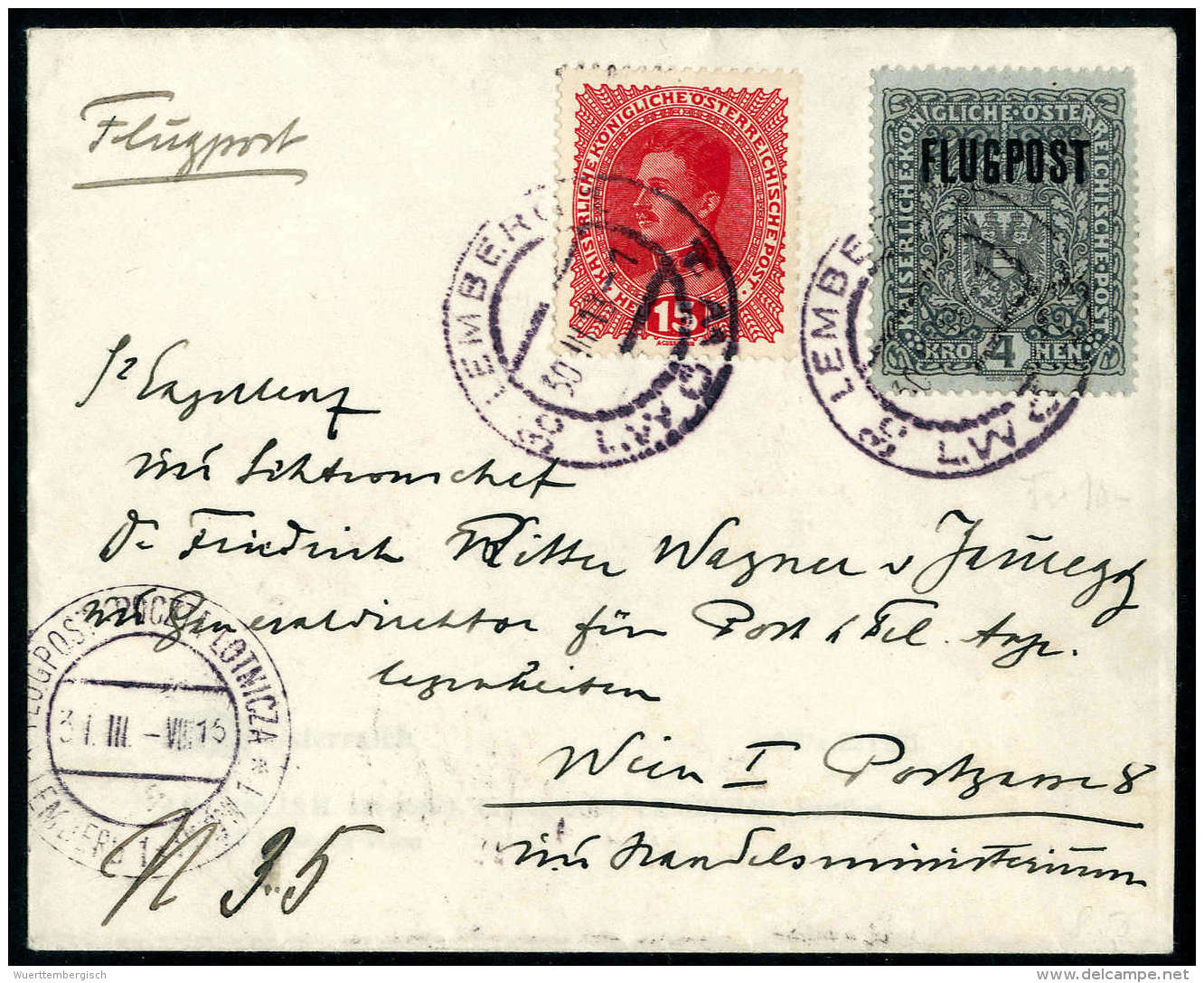 Beleg 1918, Flugpost, 4 K. Auf Grauem Papier Mit Zusatzfrankatur Auf Flugbrief Von Lemberg 31.III.1918 Nach Wien.... - Other & Unclassified