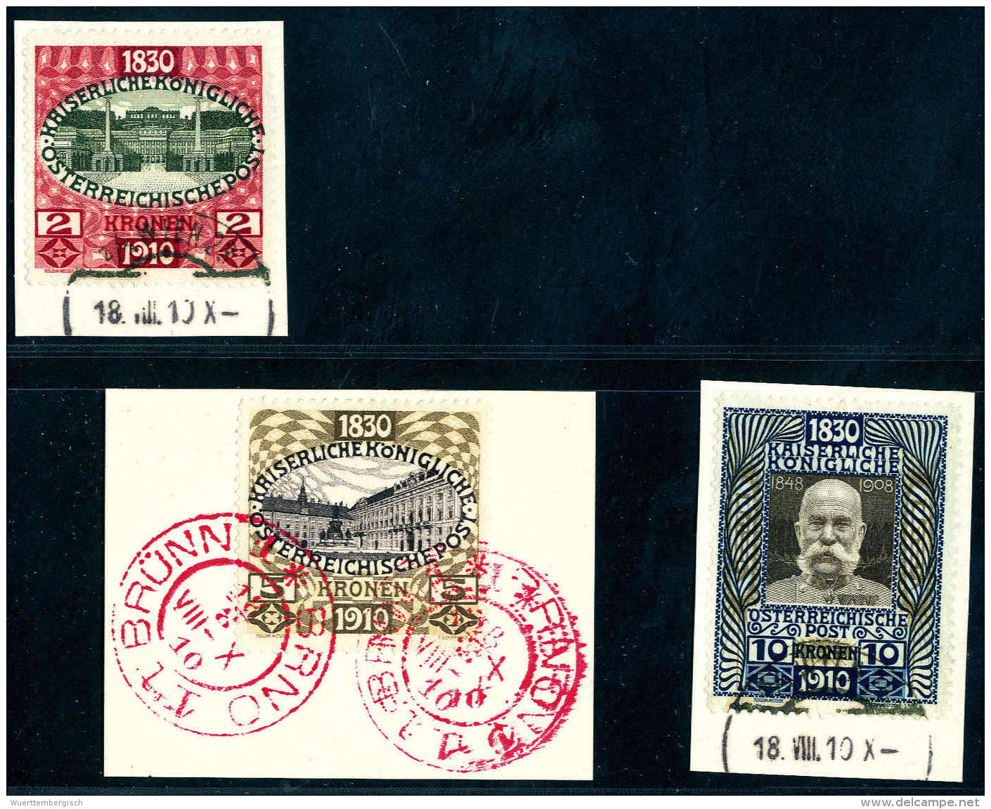 Briefst. 1910, 2-10 Kr. Auf Drei Briefstücken Vom Ersttag, 2 &amp; 10 Kr. Wien, Befund Ferchenbauer, 5 Kr. Mit... - Other & Unclassified