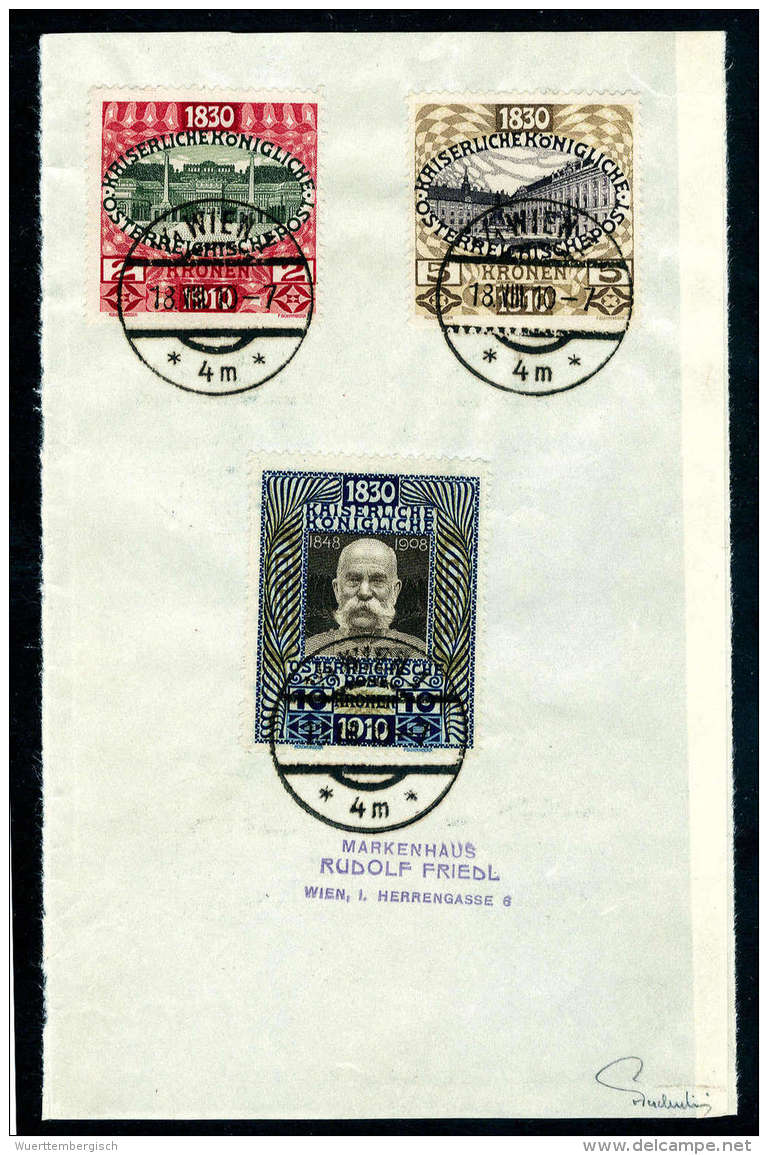 Briefst. 1910, Jubiläumsserie Auf Briefstücken Mit ET WIEN 1. Höchstwerte Mit Befund Ferchenbauer.... - Autres & Non Classés