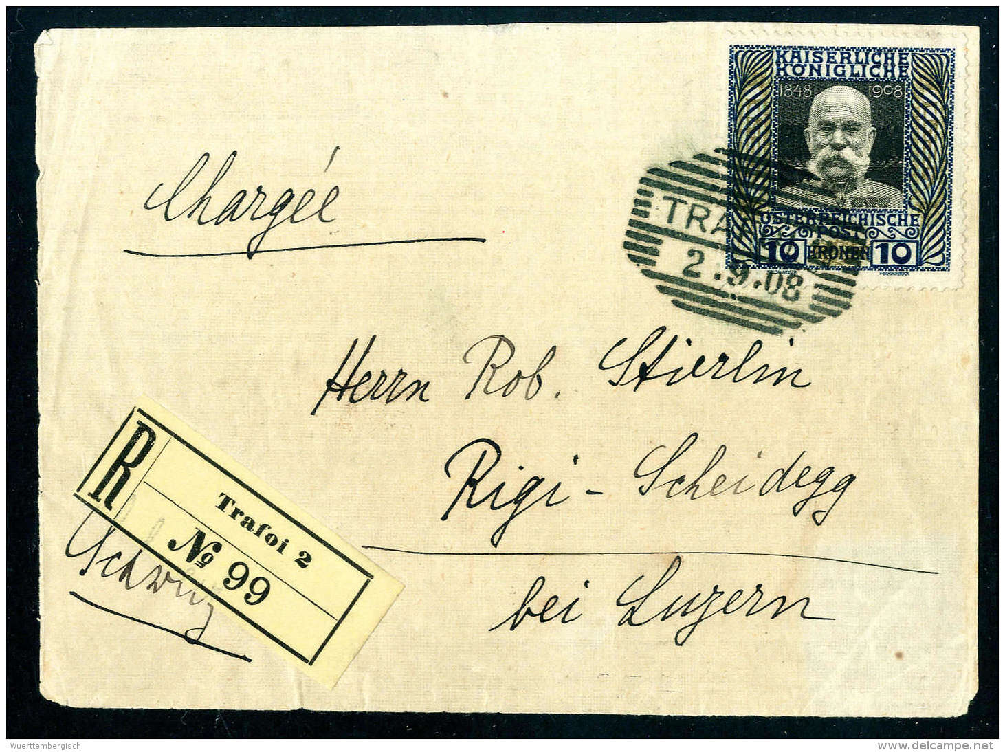 Beleg 1908, 10 Kr. Auf Eingeschriebener Briefvorderseite Mit Schraffenstempel TRAFOL 1908 In Die... - Other & Unclassified