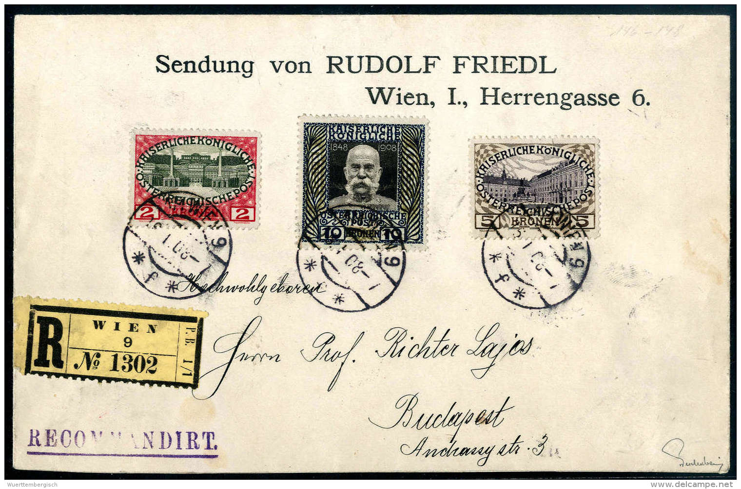 Beleg 1908, 2 - 10 Kr. Auf Eingeschriebenem Umschlag Aus Wien 15.1.1908 Nach Budapest Mit Absendereindruck Von... - Other & Unclassified