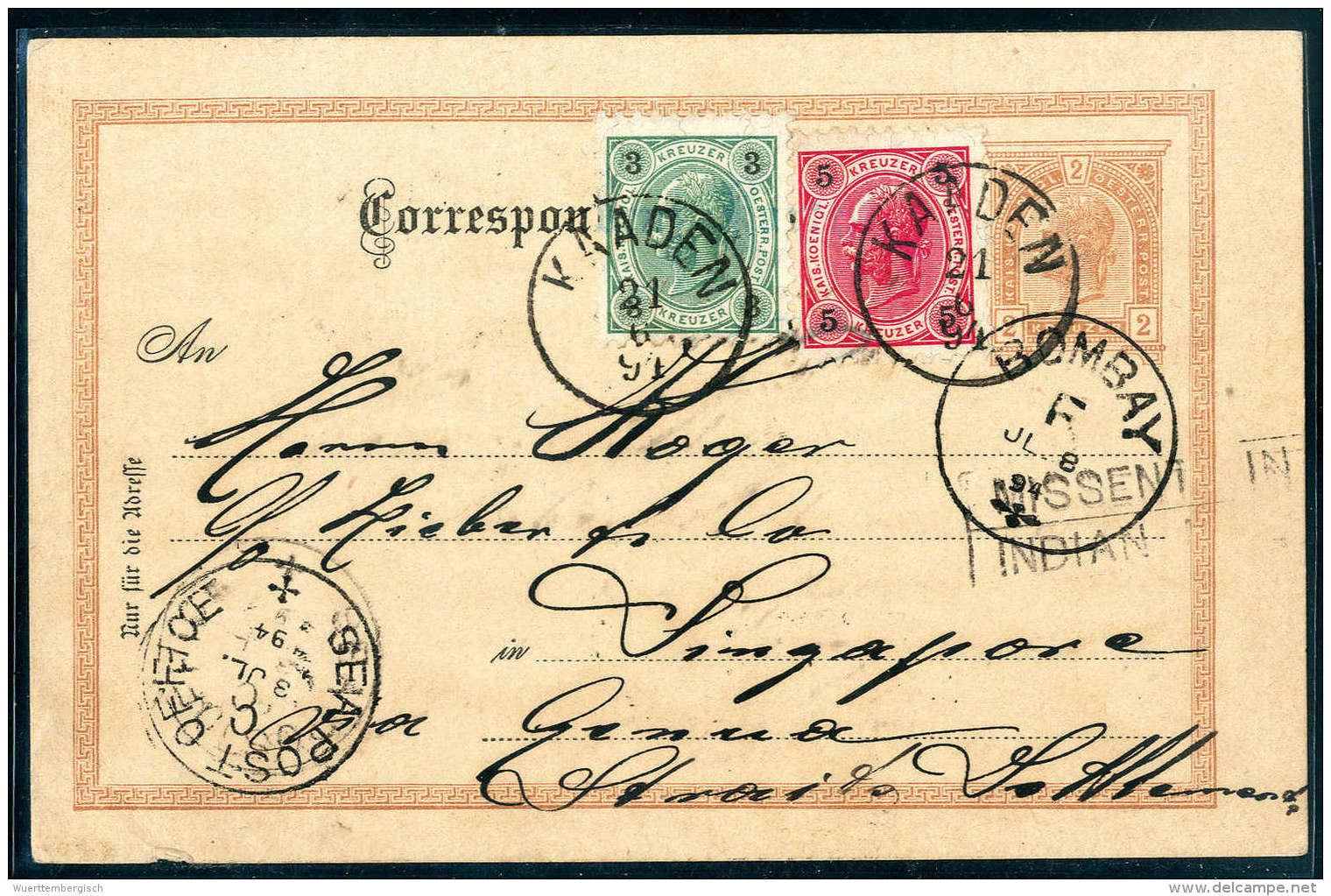 Beleg 3 Und 5 Kr. Als Zusatzfrankatur Auf Postkarte 2 Kr. Mit K1 KAADEN 1894 Nach Singapore über Genua R2... - Autres & Non Classés