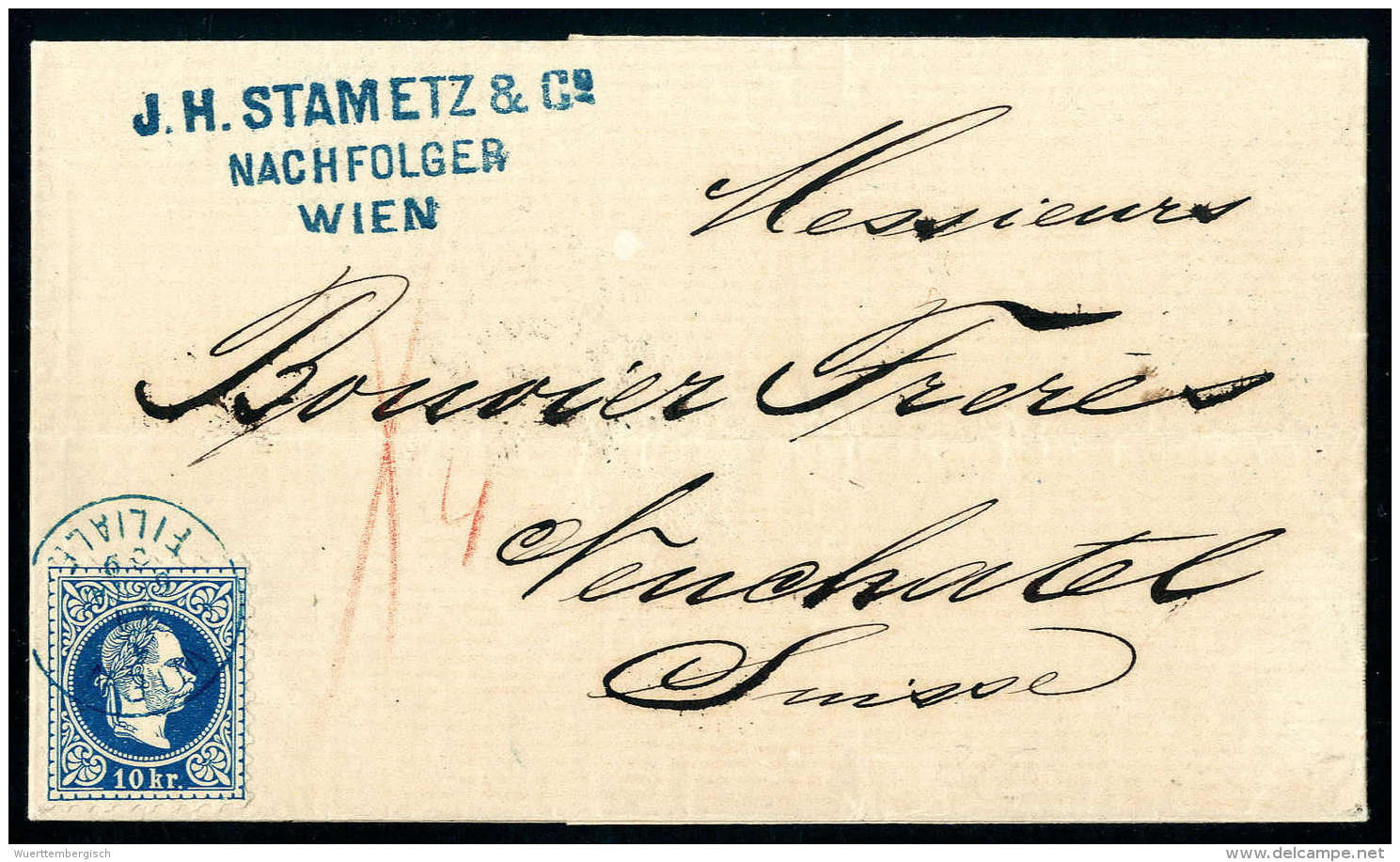 10 Kr. Blau Auf Gef. Kabinett-Faltbrief (1868) Mit Blauem K1 WIEN FILIALE Nach Neuchatel (Schweiz). (Fe. 140.-)... - Autres & Non Classés