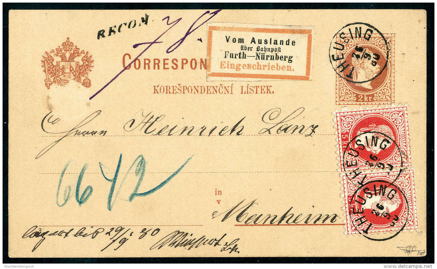 Beleg 5 Kr. Rot, Zwei Exemplare Auf 2 Kr. Braun, Böhmische Postkarte (Oblatenschürfung Im Wappen) Mit K1... - Altri & Non Classificati