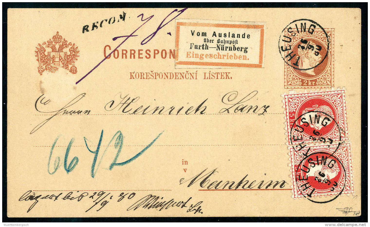 Beleg 5 Kr. Rot, Zwei Exemplare Auf 2 Kr. Braun, Böhmische Postkarte (Oblatenschürfung Im Wappen) Mit K1... - Autres & Non Classés