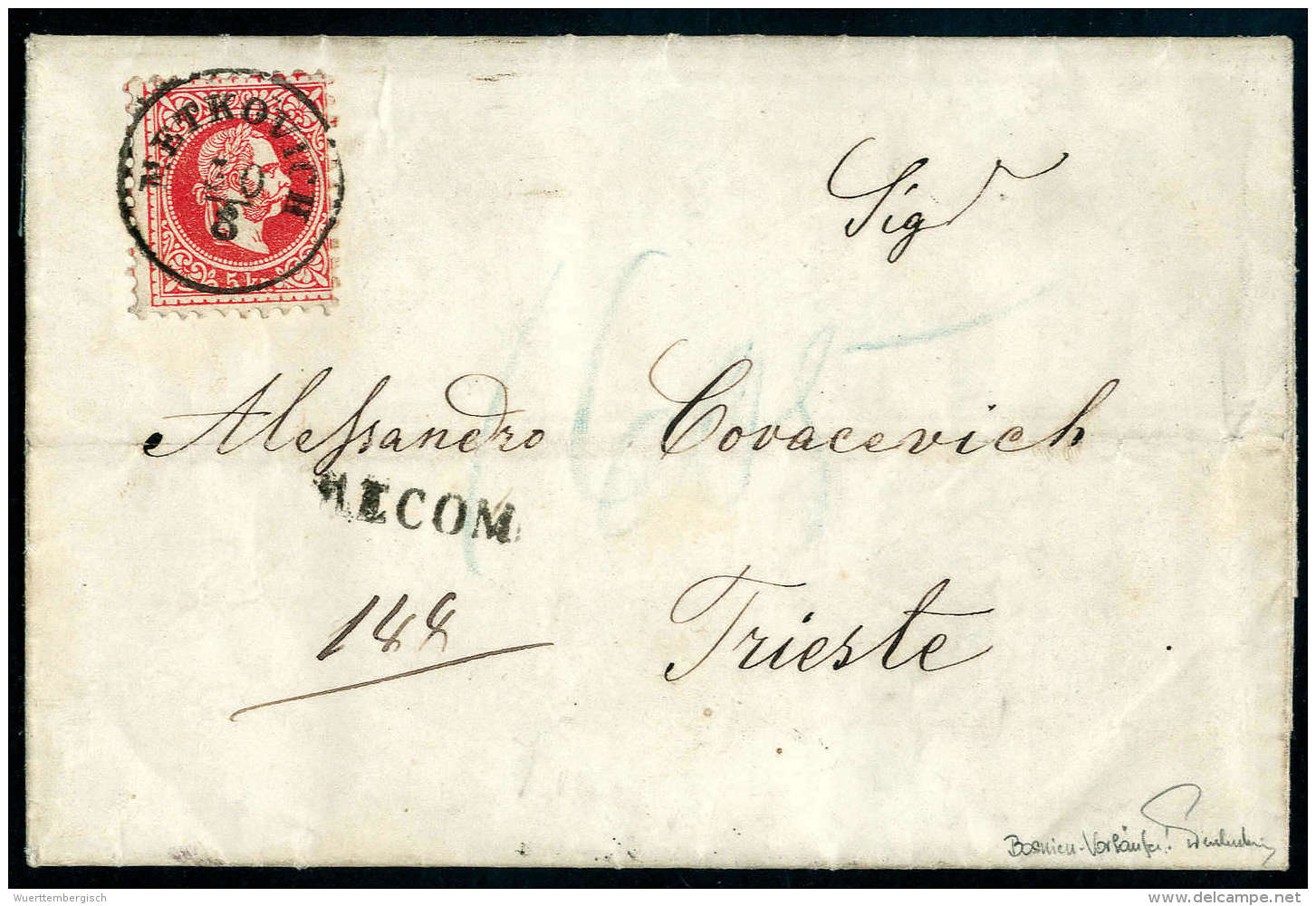 Beleg 5 Kr. Auf Gef. Kabinettfaltbrief (1872) Mit Zwei Defekten 5 Kr. Rücks, Als Rekoporto Mit K1 METKOVICH... - Autres & Non Classés