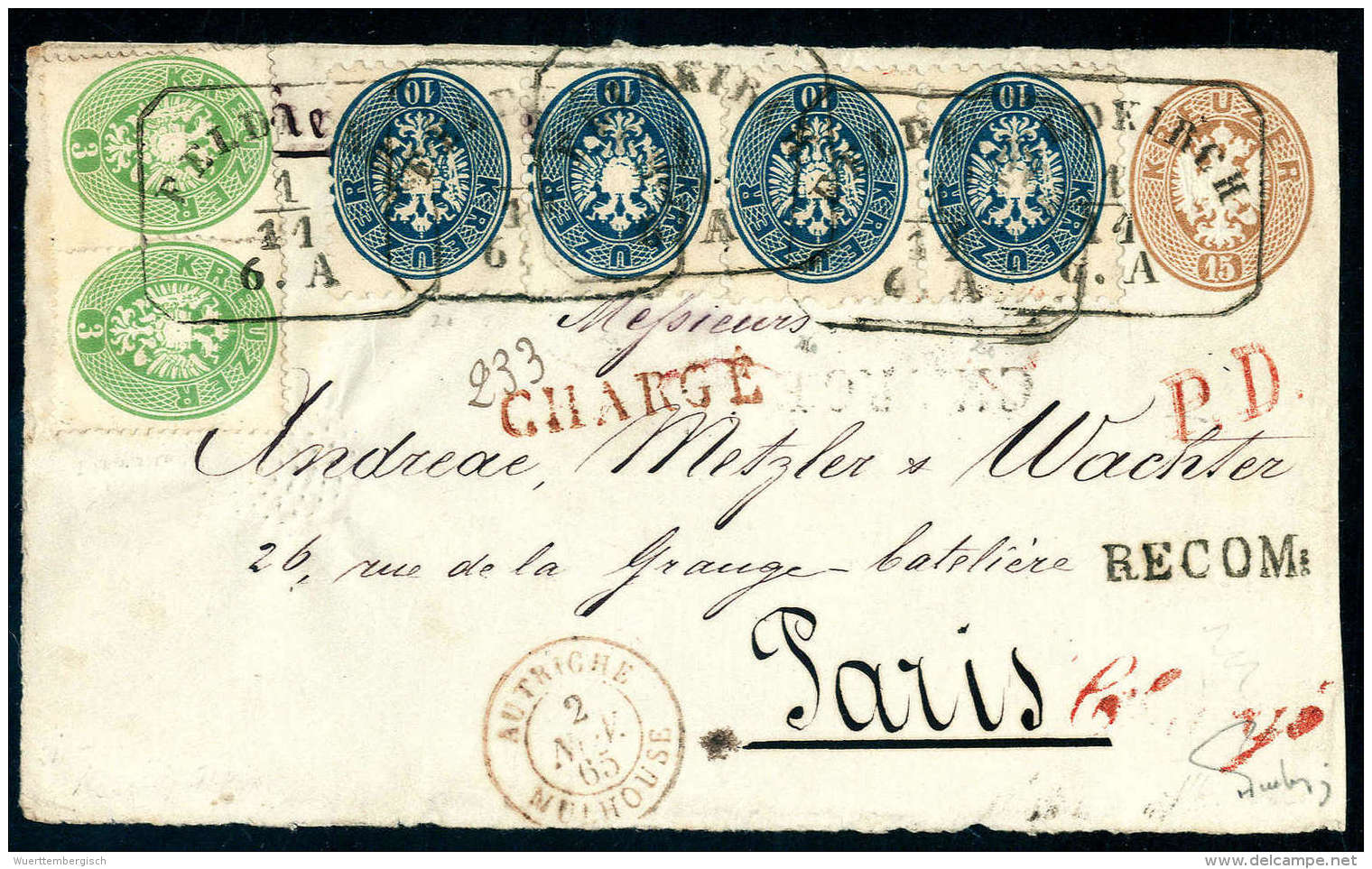 Beleg Zwei 3 Kr. Mit Zwei Waagerechten Paaren 10 Kr. Grob Gezähnt Auf 15 Kr. Umschlagvorderseite (1865) Mit... - Autres & Non Classés