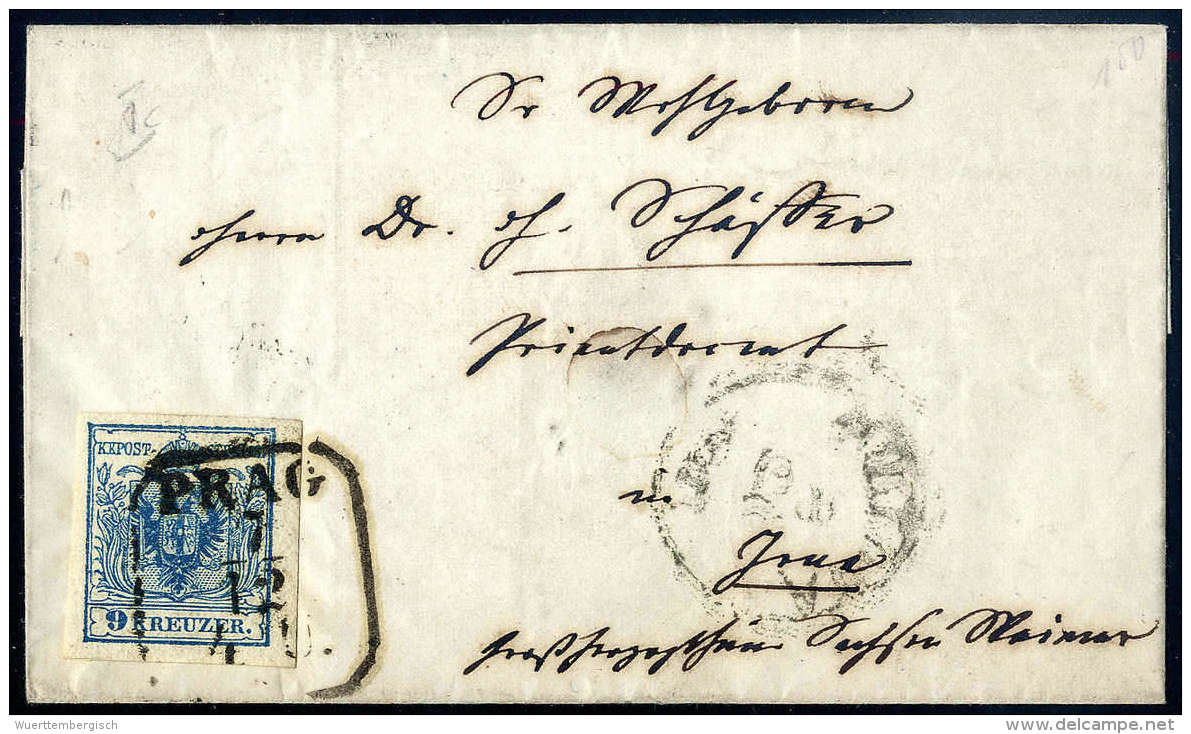 9 Kr. Blau, Type IIIb, Breite Ränder, R3 PRAG 7/12 Auf Kleinem Kabinettbrief (1855) Nach Jena In... - Altri & Non Classificati